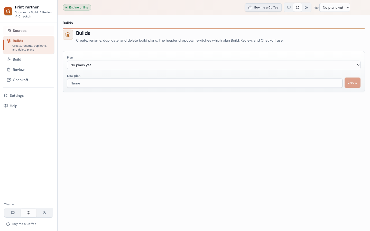 Build — role filament colors, attached source cards with an inline Docs viewer, and per-source file pickers.