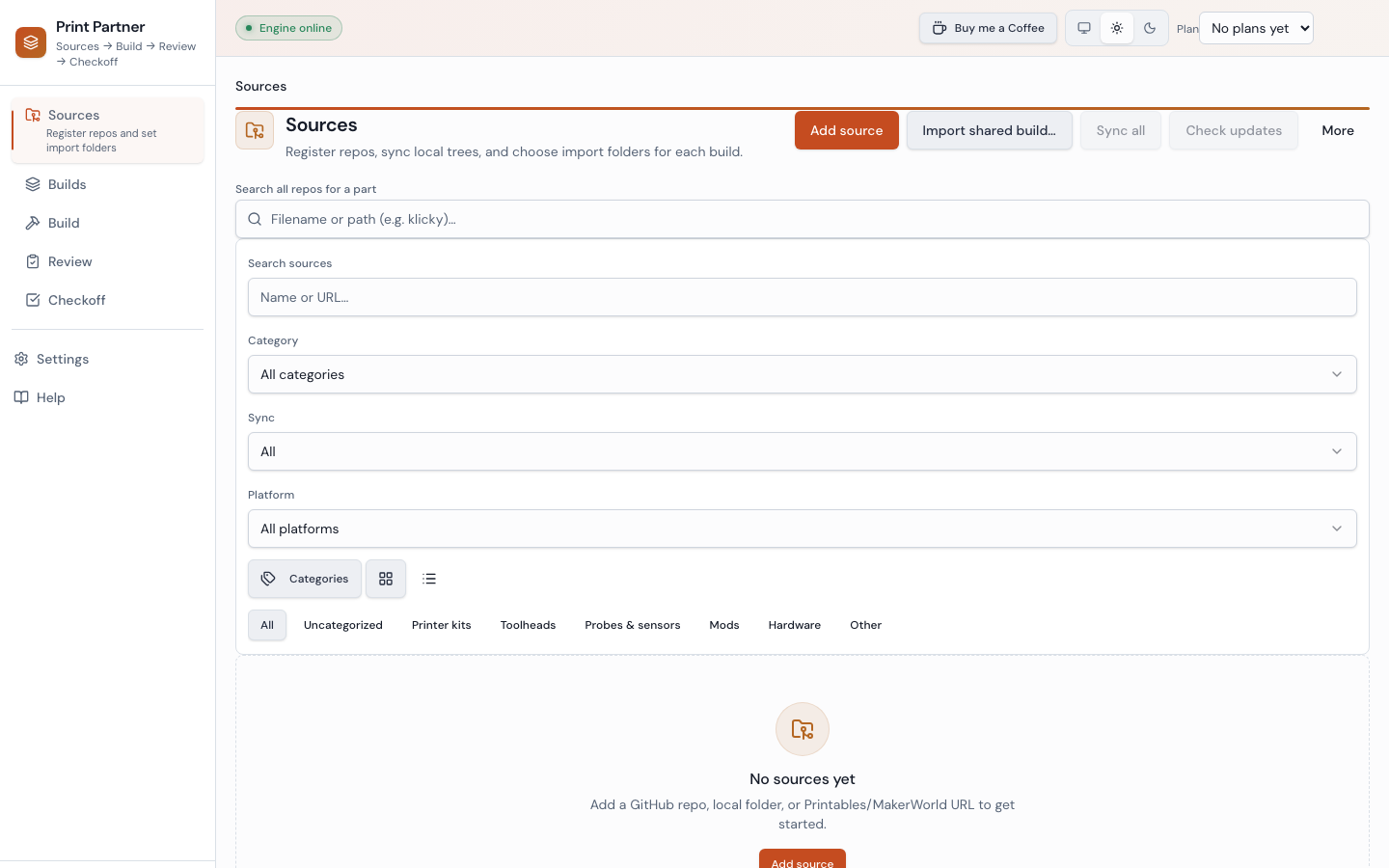 Sources — source library with categories, sync status chips, update-available badges, and global STL search.